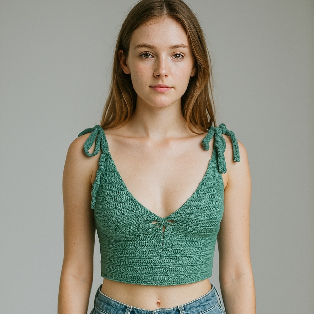 Handmade Small Crochet Sea Foam Green shoulder tie Dragonfly Crop top